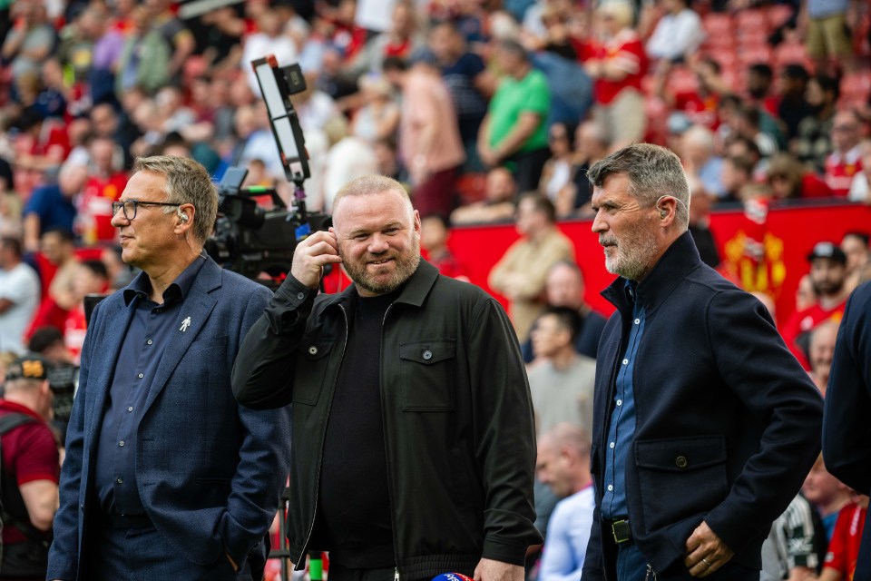 Paul Merson, Wayne Rooney, and Roy Keane pitchside at a soccer match.