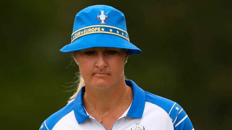 Europe' Anna Nordqvist celebrates after putting in on the first hole during a Solheim Cup golf tournament fourball match at Robert Trent Jones Golf Club, Friday, Sept. 13, 2024, in Gainesville, Va. (AP Photo/Matt York) 