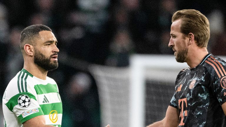 GLASGOW, SCOTLAND - FEBRUARY 12: Celtic's Cameron Carter-Vickers (L) and Bayern's Harry Kane at full time during the UEFA Champions League 2024/25 League Knockout Play-off first leg match between Celtic and FC Bayern Munich at Celtic Park, on February 12, 2025, in Glasgow, Scotland.  (Photo by Paul Devlin / SNS Group)