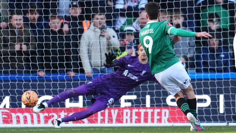 Ryan Hardie scores from the spot to give Plymouth the lead against Liverpool