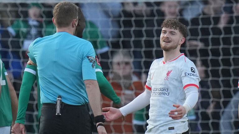 Harvey Elliott appeals to the referee after conceding a penalty at Home Park