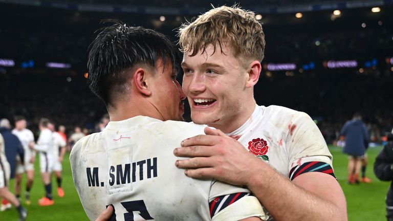 Fin Smith (right) has retained his position at fly-half for England's Calcutta Cup clash against Scotland, with Marcus Smith (left) starting at full-back