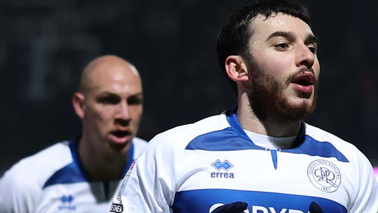 Ilias Chair of Queens Park Rangers celebrates after scoring his teams first goal during the Sky Bet Championship match between Queens Park Rangers FC and Derby County FC at Loftus Road on February 14, 2025 in London, England.