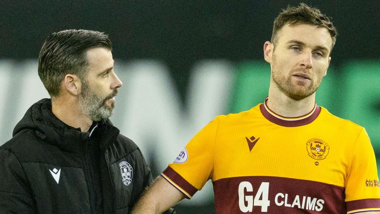 EDINBURGH, SCOTLAND - JANUARY 02: Motherwell manager Stuart Kettlewell and Stephen O'Donnell at full time during a cinch Premiership match between Hibernian and Motherwell at Easter Road, on January 02, 2024, in Edinburgh, Scotland. (Photo by Mark Scates / SNS Group)