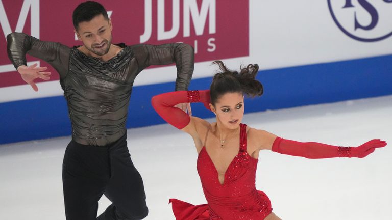 Lilah Fear and Lewis Gibson of Great Britain perform during the ice dance free dance competition at the ISU European Figure Skating Championships in Tallinn, Estonia, Saturday, Feb. 1, 2025. (AP Photo/Sergei Grits)