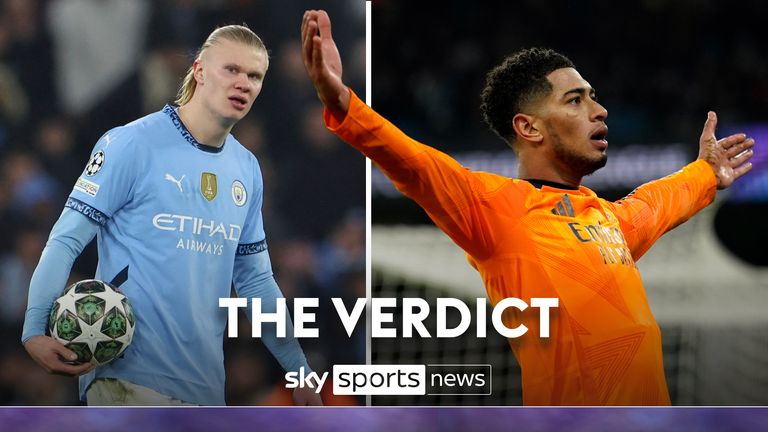 Manchester City&#39;s Erling Haaland reacts after the Champions League playoff first leg soccer match between Manchester City and Real Madrid at the Etihad Stadium in Manchester, England, Tuesday, Feb. 11, 2025.