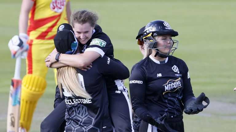 Manchester Originals players' celebrate after The Hundred women's match at Emirates Old Trafford, Manchester. Picture date: Monday July 29, 2024.