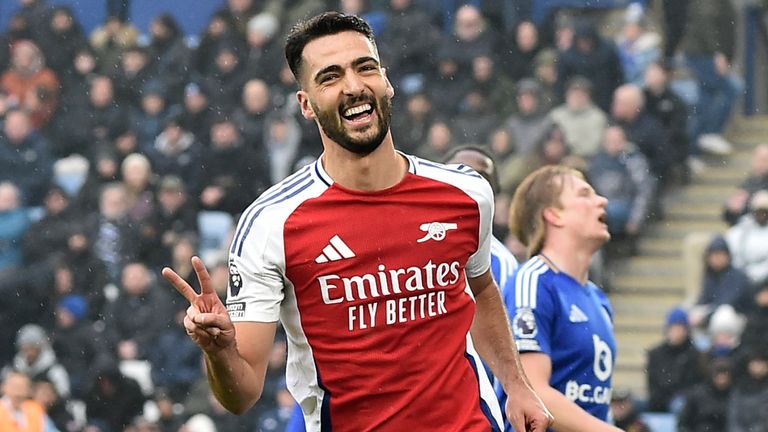 Arsenal's Mikel Merino celebrates after scoring their opening goal (AP Photo/Rui Vieira)