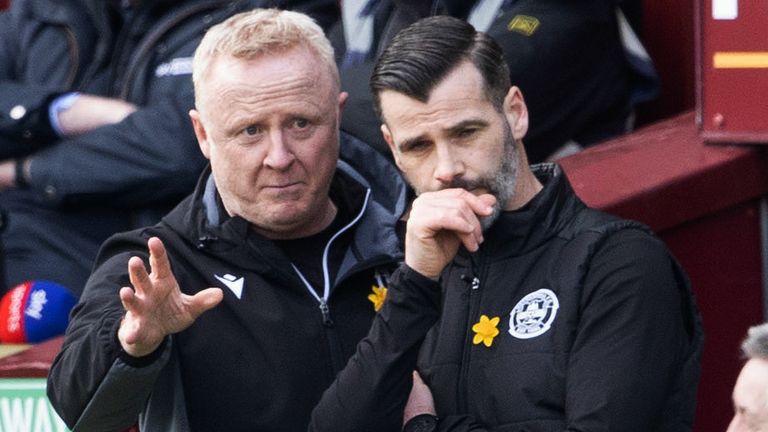 MOTHERWELL, SCOTLAND - FEBRUARY 25: Motherwell Manager Stuart Kettlewell  and assistant Stephen Frail during a cinch Premiership match between Motherwell and Celtic at Fir Park, on February 25, 2024, in Motherwell, Scotland. (Photo by Alan Harvey / SNS Group)