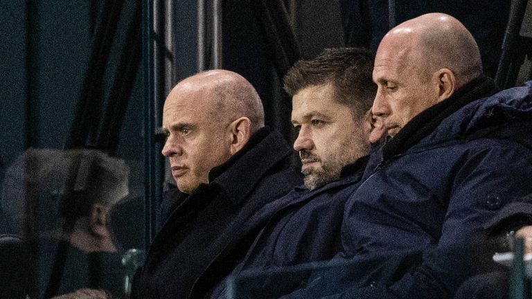 Rangers CEO Partrick Stewart (L), technical director Nils Koppen (C) and manager Philippe Clement (R) could face a busy January