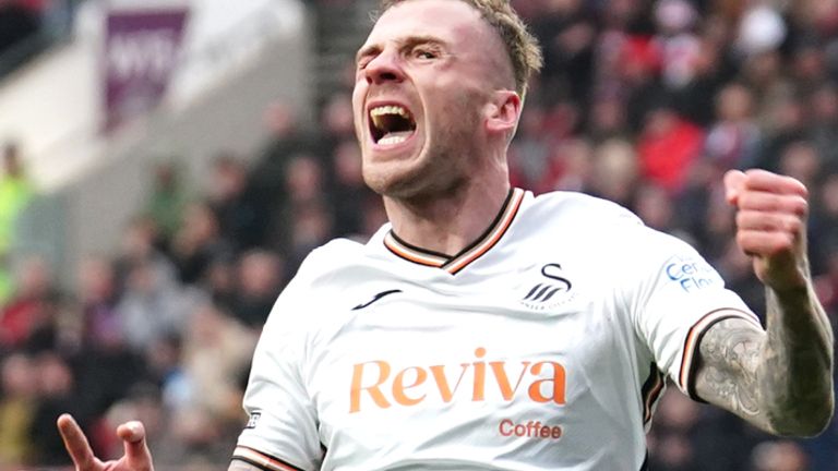 Swansea's Josh Tymon celebrates his goal against Bristol City