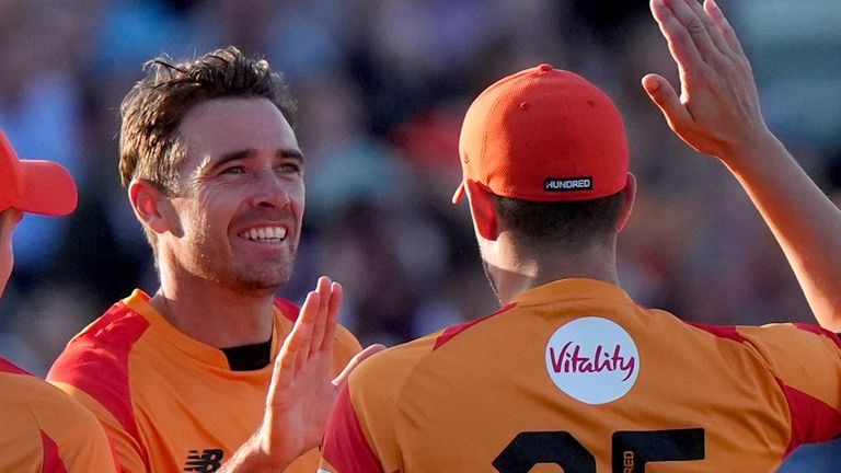 Birmingham Phoenix's Tim Southee celebrates taking the wicket of Northern Superchargers' Mitchell Santner during The Hundred men's match at Edgbaston, Birmingham. Picture date: Tuesday August 6, 2024.