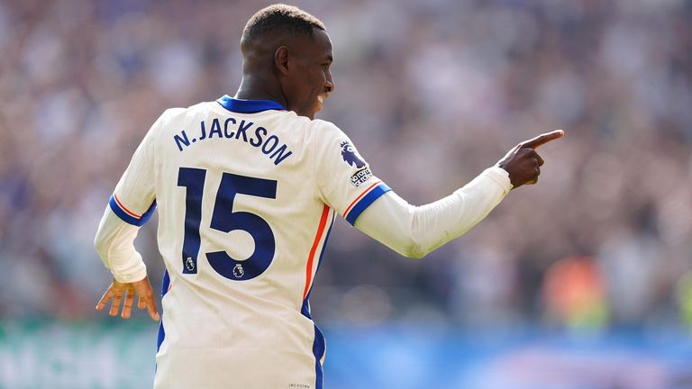 Nicolas Jackson celebrates after giving Chelsea an early lead at West Ham