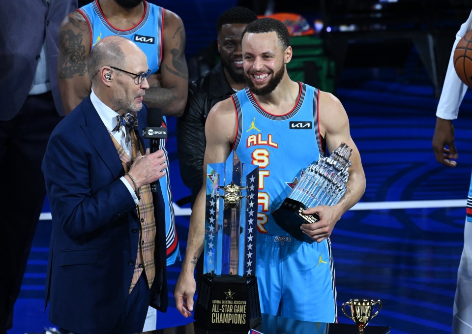 Stephen Curry holding the All-Star MVP trophy.