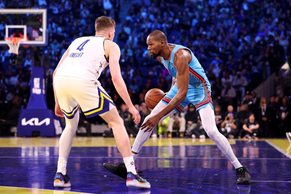 Kevin Durant dribbling the basketball during an NBA All-Star game.