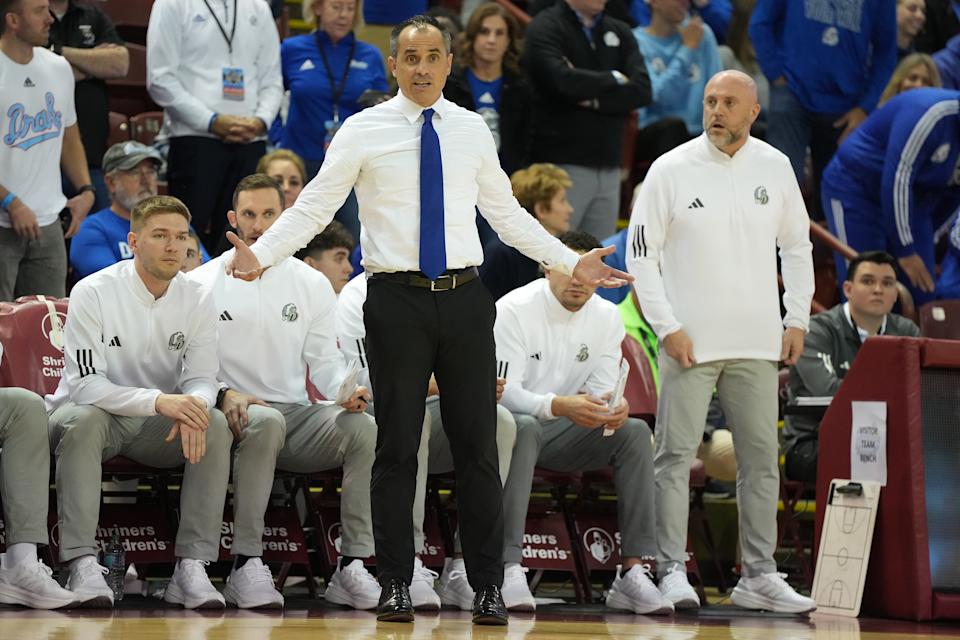 CHARLESTON, SC - NOVEMBER 22: Head coach Ben McCollum of the Drake Bulldogs looks on during the Shriners Children's Charleston Classic college basketball game against the Florida Atlantic Owls at TD Arena on November 22, 2024 in Charleston, South Carolina. (Photo by Mitchell Layton/Getty Images)