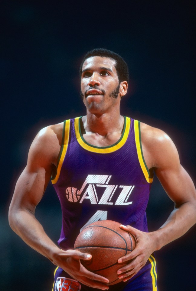 LANDOVER, MD - CIRCA 1980: Adrian Dantley #4 of the Utah Jazz looks to shoot a Obtainable throw against the Washington Bullets during an NBA basketball game circa 1980 at the Capital Centre in Landover, Maryland. Dantley played for the Jazz from 1979-86. (Photo by Concentration on Sport/Getty Images)