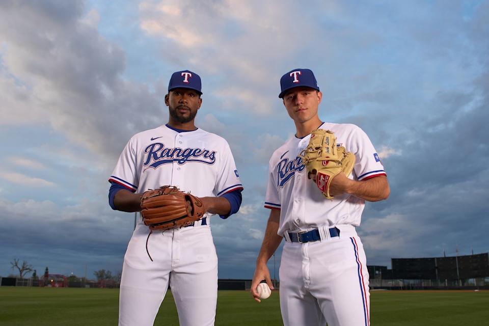 SURPRISE, AZ - FEBRUARY 21: Kumar Rocker #80 and Jack Leiter #83 of the Texas Rangers pose for a photo during Texas Rangers photo day at Surprise Stadium on February 21, 2023 in Surprise, Arizona. (Photo by Ben Ludeman/Texas Rangers/Getty Images)