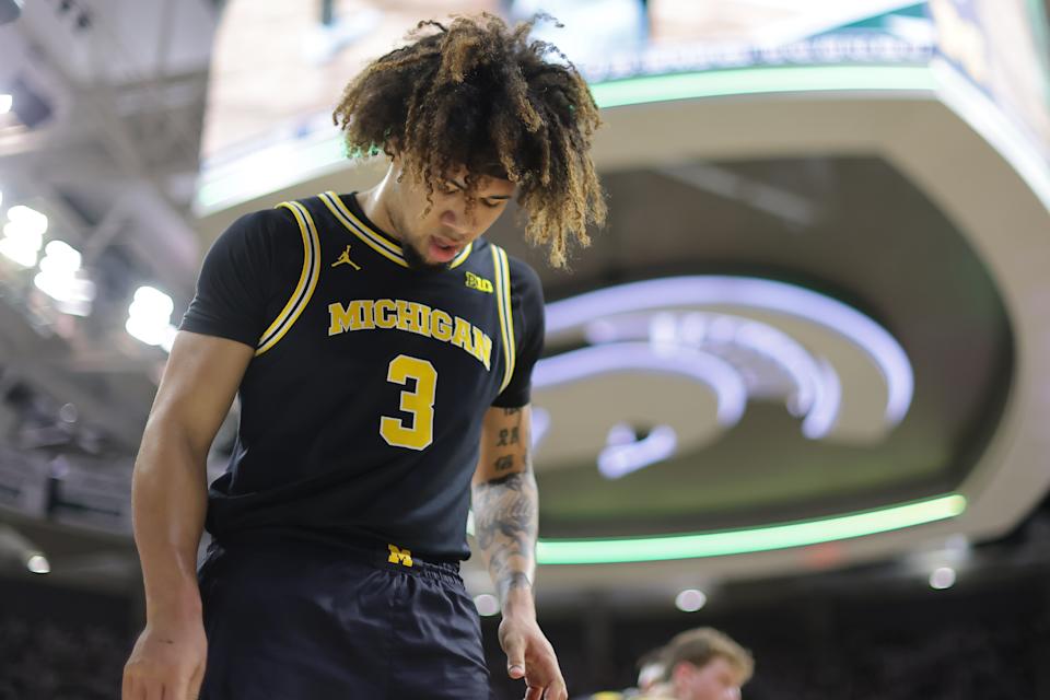 EAST LANSING, MICHIGAN - MARCH 9: Tre Donaldson #3 of the Michigan Wolverines checks into the game during the Primary half against the Michigan State Spartans at Breslin Hub on March 9, 2025 in East Lansing, Michigan.  (Photo by Rey Del Rio/Getty Images)