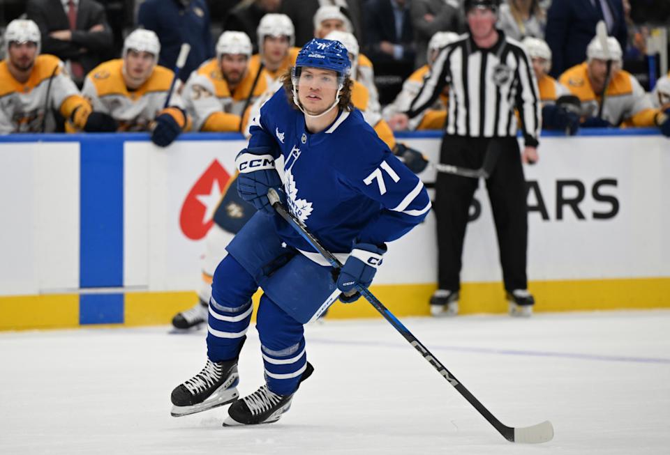 Toronto Maple Leafs forward Nikita Grebenkin (71) pursues the play against the Nashville Predators in the third period at Scotiabank Arena. (Dan Hamilton-Imagn Images)