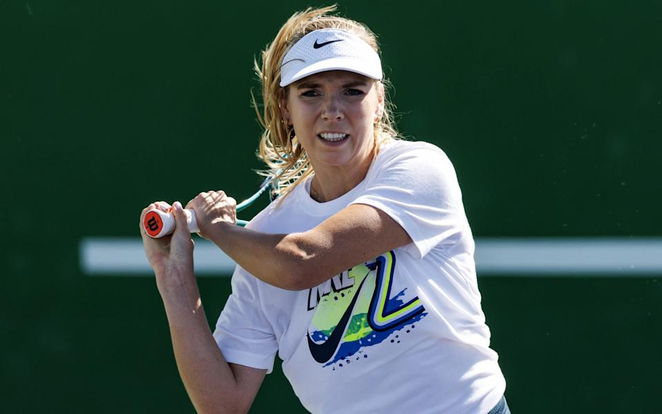 Katie Boulter hits during practice in Indian Wells