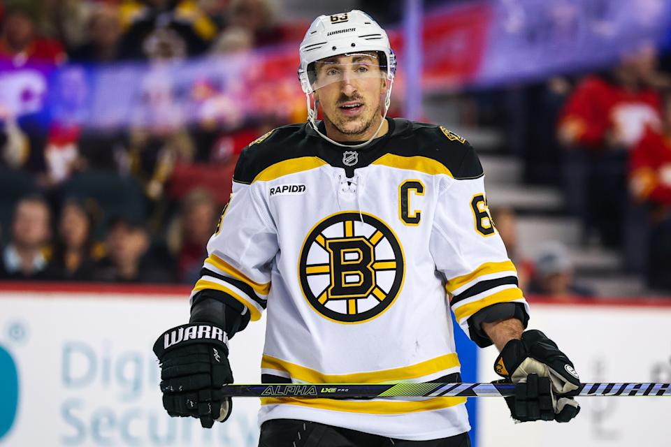 Dec 17, 2024; Calgary, Alberta, CAN; Boston Bruins left wing Brad Marchand (63) during the third period against the Calgary Flames at Scotiabank Saddledome. (Sergei Belski-Imagn Images)