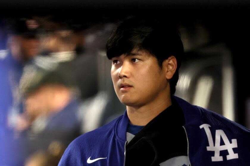 LOS ANGELES, CA - OCTOBER 28, 2024: Los Angeles Dodgers two-way player Shohei Ohtani (17) in the dugout in the third inning. Game 3 of the World Series against the Yankees at Yankees Stadium in New York City Monday, October 28 2024. (Robert Gauthier/Los Angeles Times)