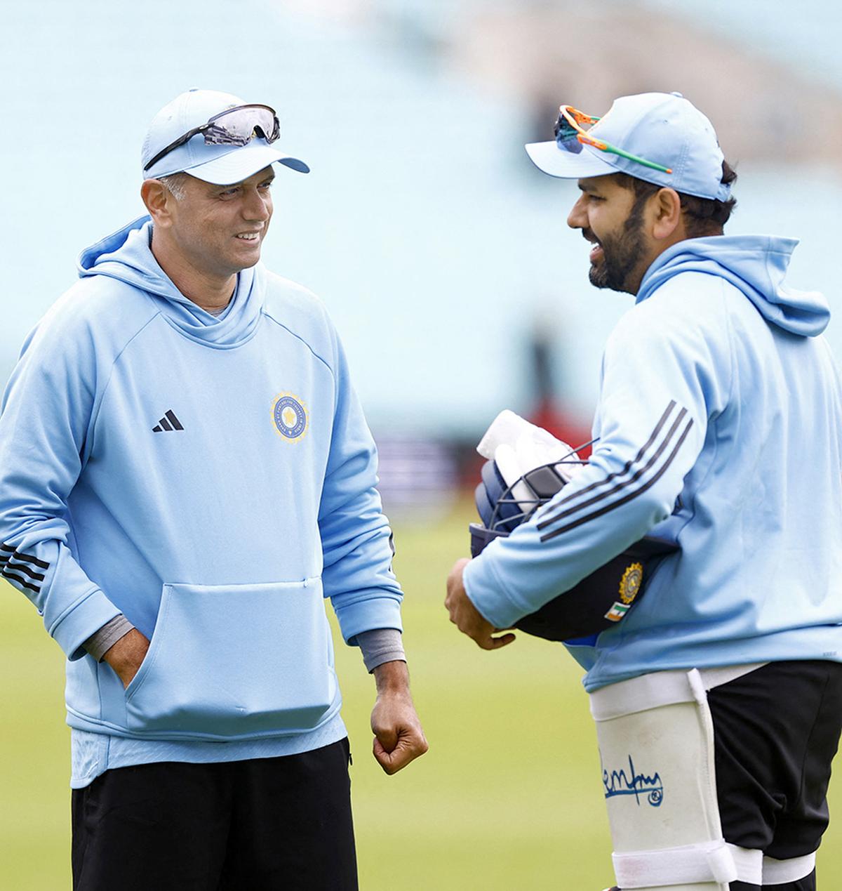 India’s Rohit Sharma with head coach Rahul Dravid during a practice session ahead of the ICC World Test Championship Final 2023.