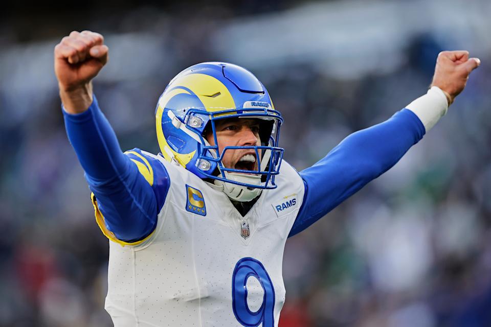 FILE - Los Angeles Rams quarterback Matthew Stafford (9) reacts after throwing a touchdown pass during an NFL football game against the New York Jets Sunday, Dec. 22, 2024, in East Rutherford, N.J. (AP Photo/Adam Hunger)