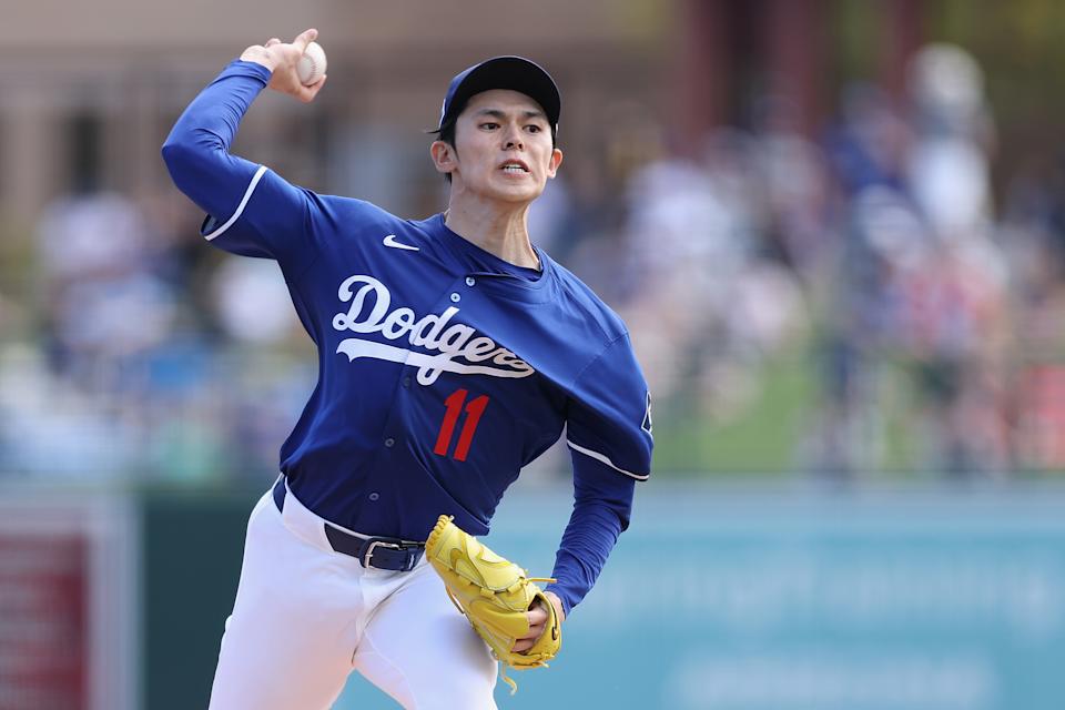 GLENDALE, ARIZONA - MARCH 11: Beginning pitcher Roki Sasaki #11 of the Los Angeles Dodgers pitches against the Cleveland Guardians during the second inning of the MLB game at Camelback Ranch on March 11, 2025 in Glendale, Arizona. (Photo by Christian Petersen/Getty Images)