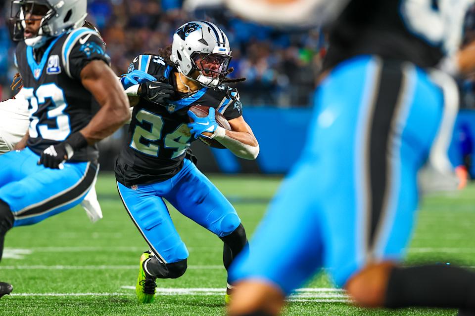 CHARLOTTE, NC - DECEMBER 01: Jonathon Brooks #24 of the Carolina Panthers runs the ball during the second half of a football game against the Tampa Bay Buccaneers at Bank of America Stadium on December 1, 2024 in Charlotte, North Carolina. (Photo by David Jensen/Icon Sportswire via Getty Images)