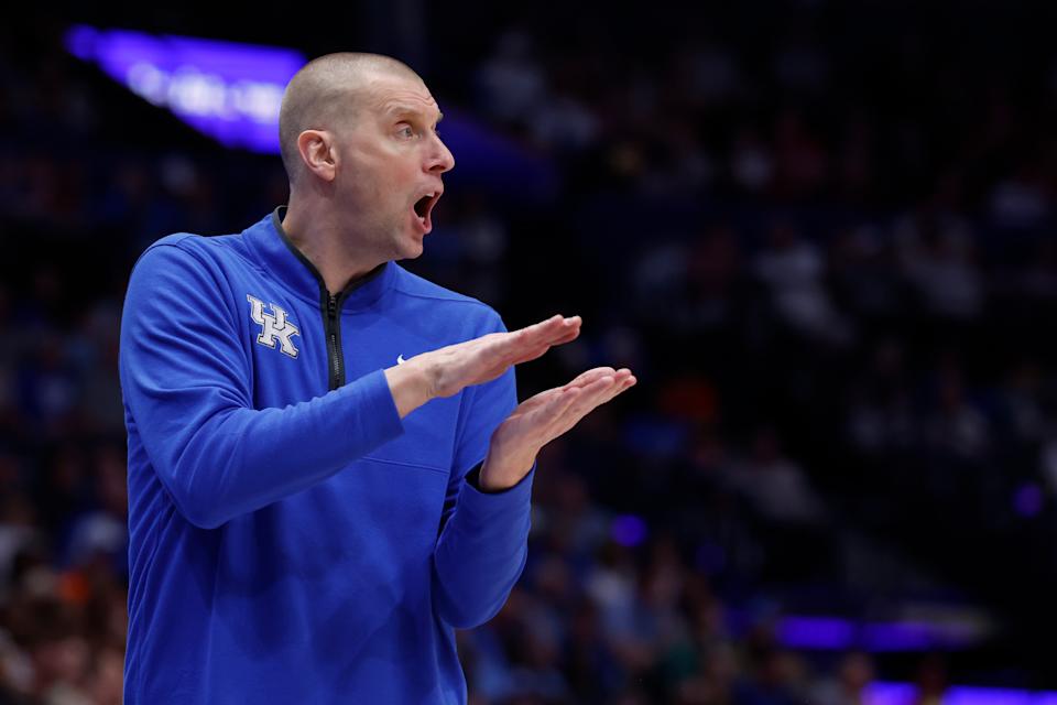 NASHVILLE, TN - MARCH 14: Kentucky Wildcats head Mentor Mark Pope claps on the sideline during a third Stage game of the SEC Event between the Alabama Crimson Tide and Kentucky Wildcats, March 14, 2025 at Bridgestone Stadium in Nashville, Tennessee. (Photo by Matthew Maxey/Icon Sportswire via Getty Images via Getty Images)