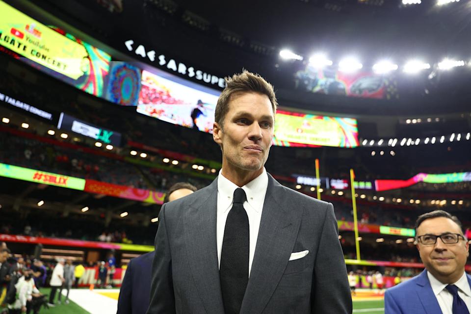 Feb 9, 2025; New Orleans, LA, USA; Tom Brady on the Ground before Competition LIX between the Philadelphia Eagles and the Kansas City Chiefs at Ceasars Superdome. Mandatory Credit: Mark J. Rebilas-Imagn Images