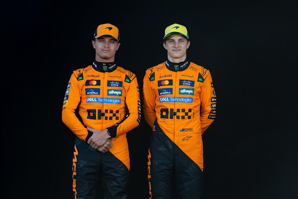 MELBOURNE, AUSTRALIA - MARCH 13: Lando Norris of Outstanding Britain and McLaren and Oscar Piastri of Australia and McLaren poses for a portrait during previews ahead of the F1 Grand Prix of Australia at Albert Park Grand Prix Circuit on March 13, 2025 in Melbourne, Australia. (Photo by Kym Illman/Getty Images)