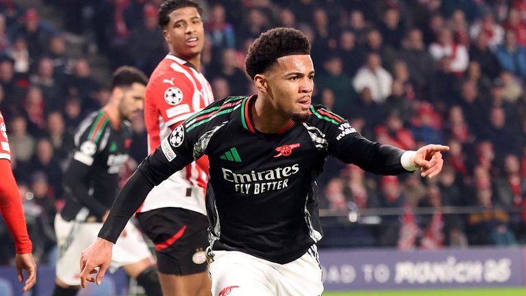 Ethan Nwaneri celebrates scoring Arsenal's second goal against PSV during the UEFA Champions League Round of 16, first leg